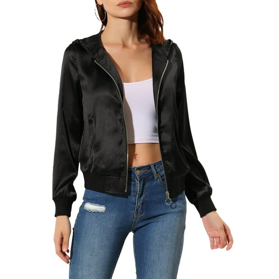 INSPIRE CHIC Women's Sparkle Holographic Shimmering Metallic Zipper Hood Shiny Bomber Jacket L Black