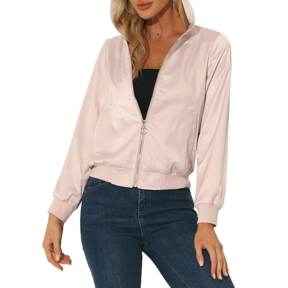 INSPIRE CHIC Women's Sparkle Holographic Shimmering Metallic Zipper Hood Shiny Bomber Jacket XS Salmon