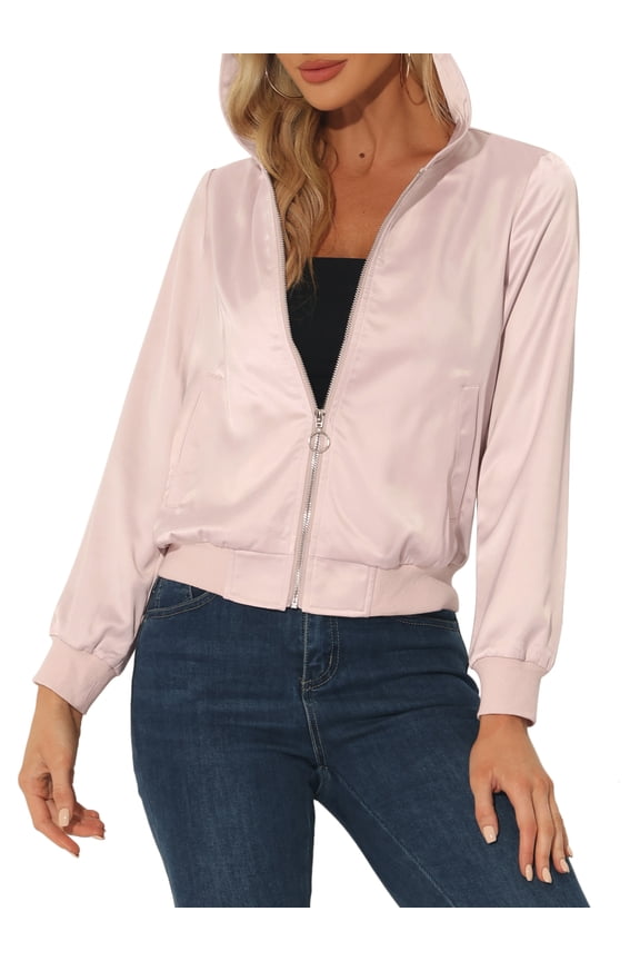 Women's Sparkle Holographic Shimmering Metallic Zipper Hood Shiny Bomber Jacket XL Salmon