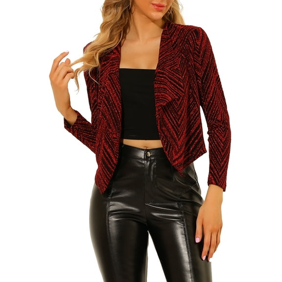 INSPIRE CHIC Women's Sparkle Long Sleeve Draped Collar Cropped Cardigan M Red
