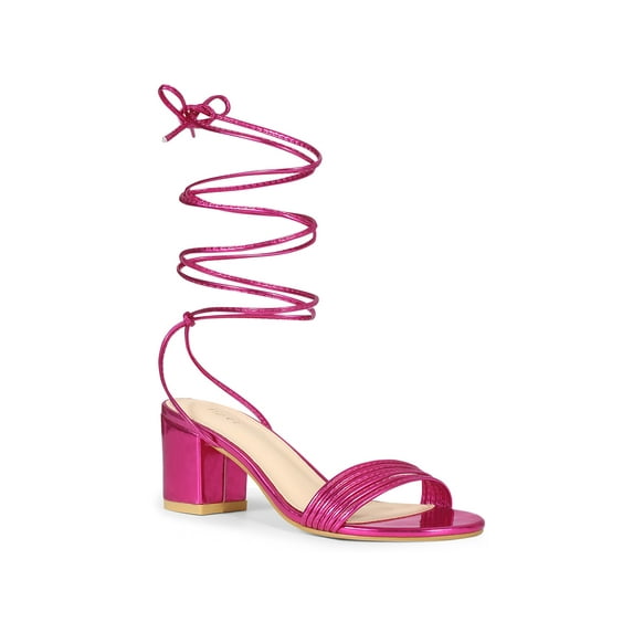 BLISSFUL STEP Women's Sparkle Strappy Lace Up Block Heel Sandals Hot Pink 7