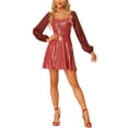 thumbnail image 1 of INSPIRE CHIC Women's Sparkly Metallic Sweetheart Neck Semi Sheer Long Sleeve Mini Dress, 1 of 5
