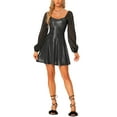 thumbnail image 1 of INSPIRE CHIC Women's Sparkly Metallic Sweetheart Neck Semi Sheer Long Sleeve Mini Dress, 1 of 5