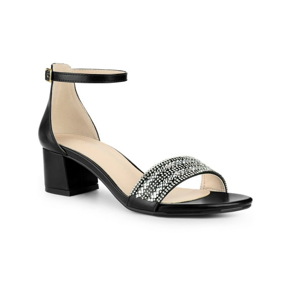 BLISSFUL STEP Glittering Ankle Strap Block Heel Open Toe Sandals for Women Black 9
