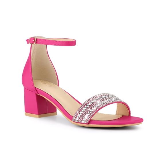 BLISSFUL STEP Glittering Ankle Strap Block Heel Open Toe Sandals for Women Hot Pink 6.5
