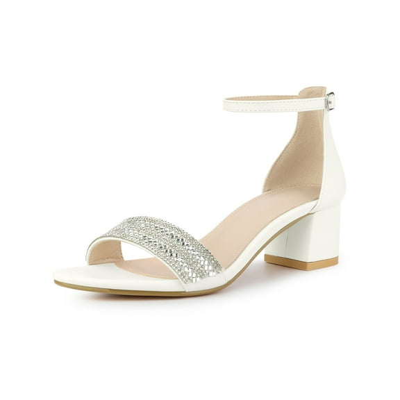 BLISSFUL STEP Glittering Ankle Strap Block Heel Open Toe Sandals for Women White 8