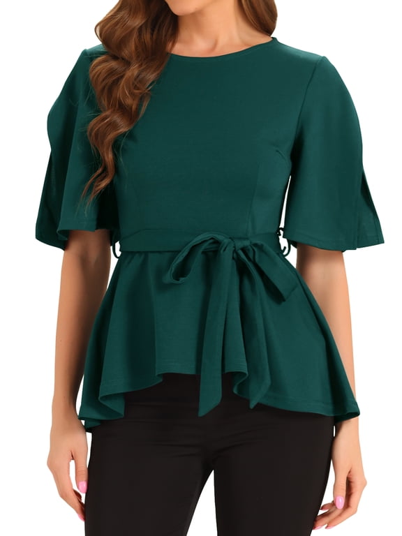 Women's Split Half Sleeve Crew Neck Belted Knot Drap Casual Peplum Blouse
