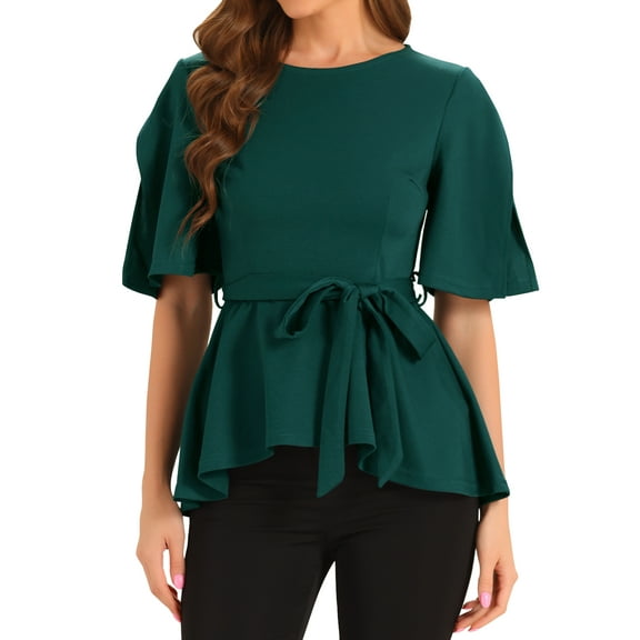 INSPIRE CHIC Women's Split Half Sleeve Crew Neck Belted Knot Drap Casual Peplum Blouse