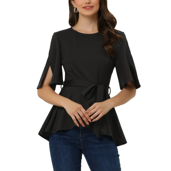 INSPIRE CHIC Women's Split Half Sleeve Crew Neck Belted Knot Drap Casual Peplum Blouse