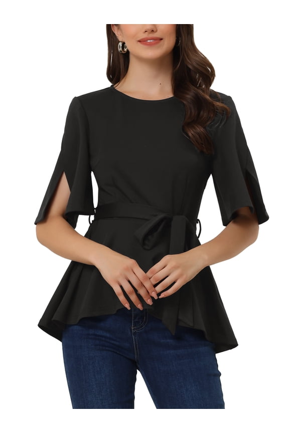 Women's Split Half Sleeve Crew Neck Belted Knot Drap Casual Peplum Blouse