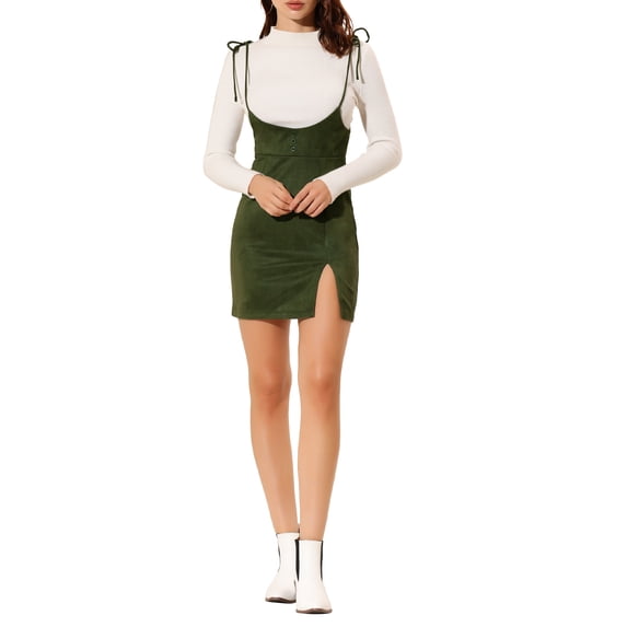 INSPIRE CHIC Women's Split Hem Tie Shoulder Straps High Waist Suspender Skirt Olive Green L