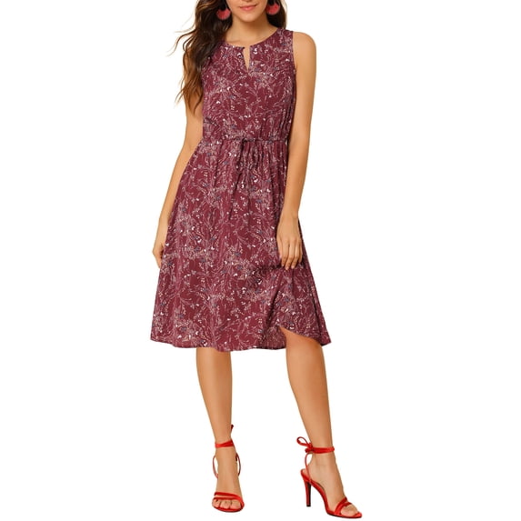 INSPIRE CHIC Women's Keyhole Neck Drawstring Waist Sleeveless A-Line Ditsy Print Midi Dress Burgundy 3XL