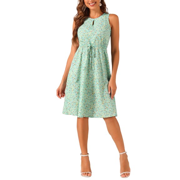 INSPIRE CHIC Women's Keyhole Neck Drawstring Waist Sleeveless A-Line Ditsy Print Midi Dress Light Green M