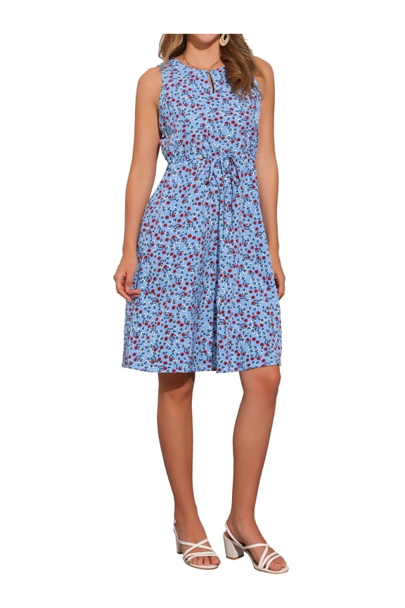 Women's Keyhole Neck Drawstring Waist Sleeveless A-Line Ditsy Print Midi Dress Blue Red XL