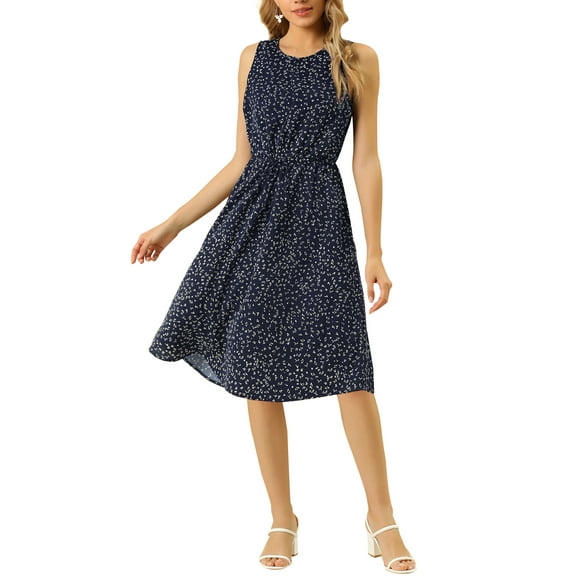 Women's Midi Floral Dresses Summer Casual Wedding Guest Sleeveless Dress XS Dark Blue