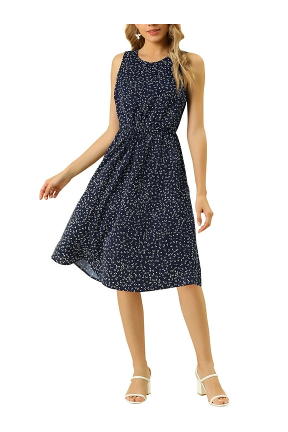 Women's Midi Floral Dresses Summer Casual Wedding Guest Sleeveless Dress XS Dark Blue