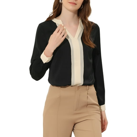INSPIRE CHIC Women's Split V Neck Pleated Front Contrast Color Blouse Top S Black