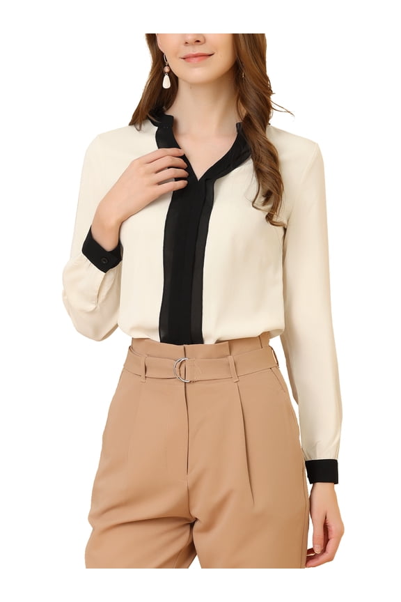 Women's Split V Neck Pleated Front Contrast Color Blouse Top M Beige