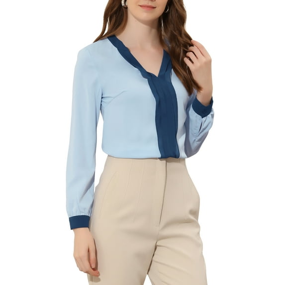 INSPIRE CHIC Women's Split V Neck Pleated Front Contrast Color Blouse Top M Blue