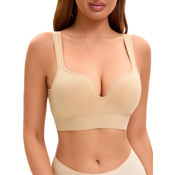 Allegra K Women's Sports Bra Medium Impact Workout Wireless Padded Deep V Neck Fitness Bras M Beige