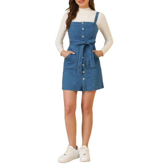INSPIRE CHIC Women's Adjustable Strap A-Line Jeans Denim Spring Summer Dress L Blue