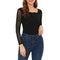 thumbnail image 1 of INSPIRE CHIC Women's Square Neck Blouses Sheer Mesh Long Sleeve Slim Fit Textured Ruched Top L Black, 1 of 7