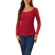 INSPIRE CHIC Women's Square Neck Blouses Sheer Mesh Long Sleeve Slim Fit Textured Ruched Top S Red