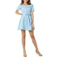 thumbnail image 1 of INSPIRE CHIC Women's Square Neck Button Decor Short Sleeves Tie Waist Mini Dress S Blue, 1 of 6