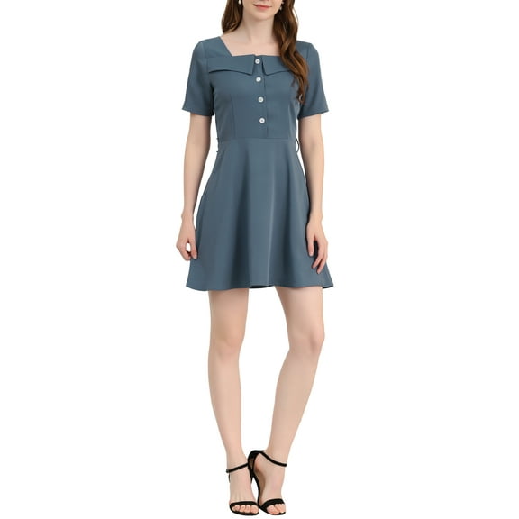 INSPIRE CHIC Women's Square Neck Button Decor Short Sleeves Tie Waist Mini Dress M Grey Blue