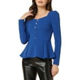 thumbnail image 1 of INSPIRE CHIC Women's Square Neck Buttons Front Peplum Top Knit Long Sleeve Blouse, 1 of 5