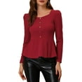 thumbnail image 1 of INSPIRE CHIC Women's Square Neck Buttons Front Peplum Top Knit Long Sleeve Blouse, 1 of 5