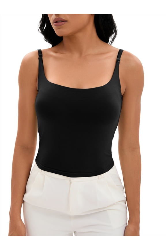 Women's Square Neck Cami Vest Shelf Bra Adjustable Spaghetti Strap Tank Camisole S Black
