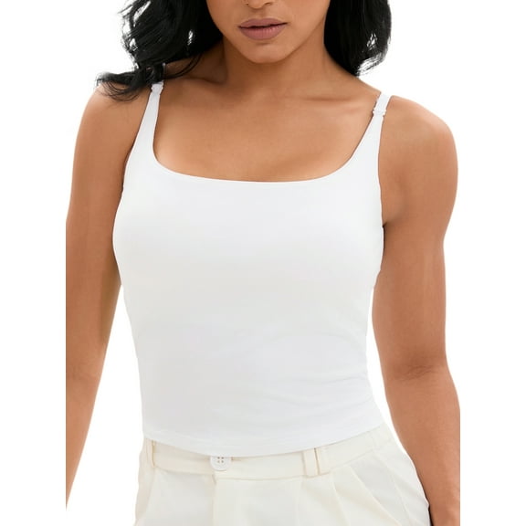 INSPIRE CHIC Women's Square Neck Cami Vest Shelf Bra Adjustable Spaghetti Strap Tank Camisole XS White