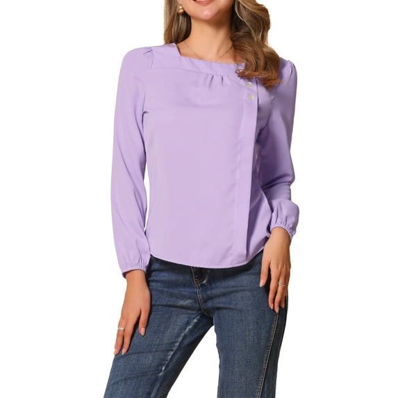 INSPIRE CHIC Women's Square Neck Casual Solid Long Sleeve Blouse Top for Work and Weekend L Light Purple