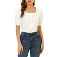 thumbnail image 1 of Allegra K Women's Square Neck Cotton Button Decor Short Sleeve Blouse Top, 1 of 7