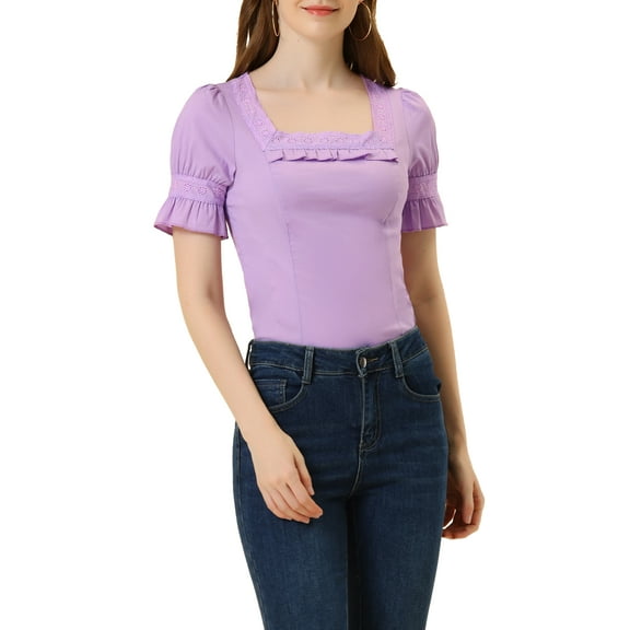 INSPIRE CHIC Women's Square Neck Lace Crochet Puff Short Sleeve Ruffle Blouse Purple M