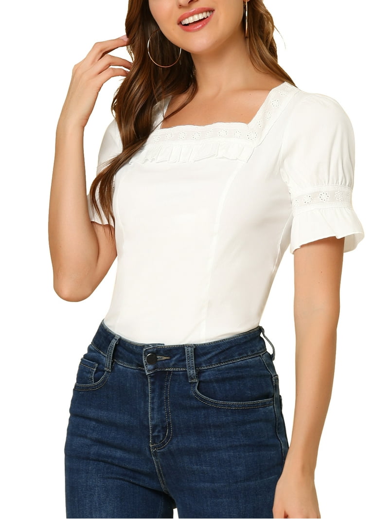 Inspire Chic Women's Square Neck Lace Crochet Puff Short Sleeve Ruffle Blouse White L, Size: Large, image size:800x1067