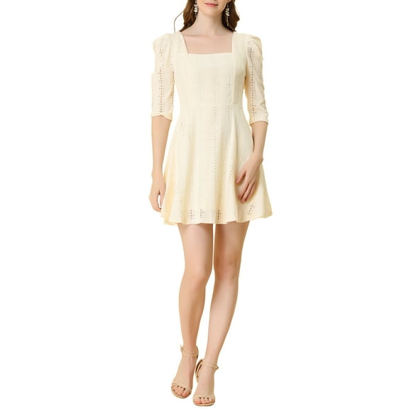 INSPIRE CHIC Women's Square Neck Lace Puff Sleeve Dress Beige S