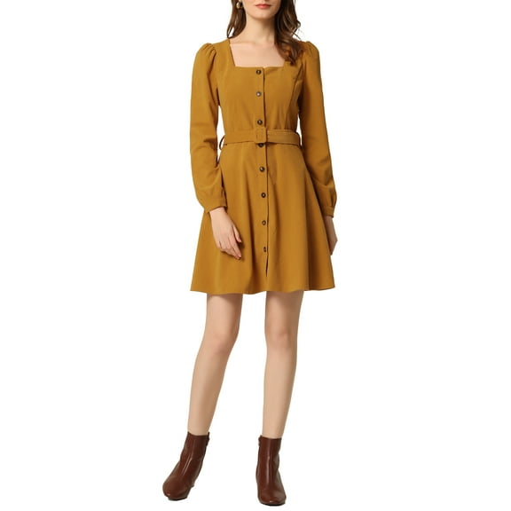 INSPIRE CHIC Women's Square Neck Long Sleeve Button Front Corduroy Dress with Belt M Brown