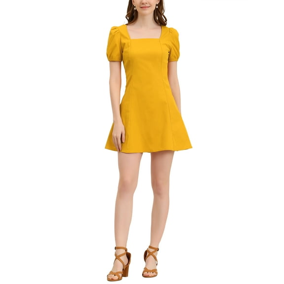 INSPIRE CHIC Women's Square Neck Puff Short Sleeve Elastic Cuff a Line Mini Dress M Yellow