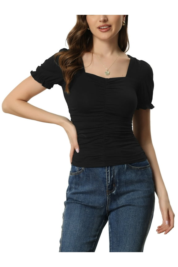 Women's Square Neck Puff Sleeve Elegant Glittery Ruched Crop Top S Black