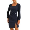 thumbnail image 1 of INSPIRE CHIC Women's Square Neck Ruched Front Contrast Panel Long Sleeve Dress L Dark Blue, 1 of 5
