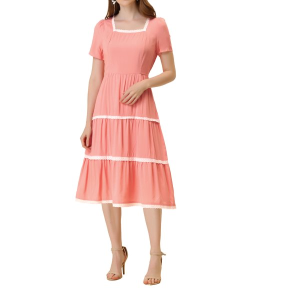 INSPIRE CHIC Women's Square Neck Short Sleeve Lace Trim Tiered Midi Dresses