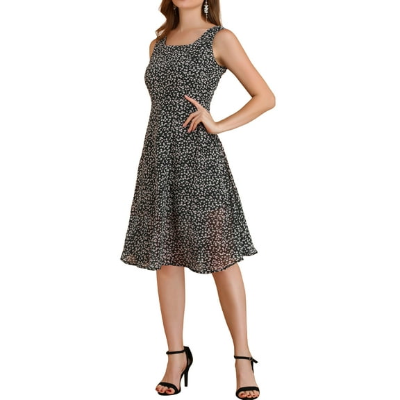 INSPIRE CHIC Women's Square Neck Sleeveless Floral a-Line Chiffon Midi Dress S Black-A