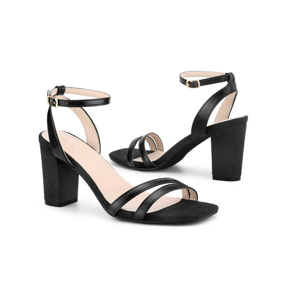 BLISSFUL STEP Women's Square Toe Ankle Strap Chunky Heel Sandals Black 10