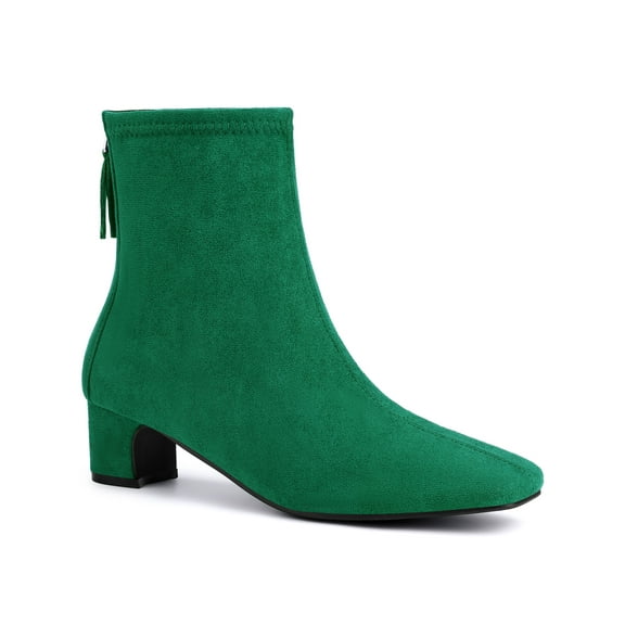 BLISSFUL STEP Women's Ankle Boots Faux Suede Low Chunky Heel Square Toe Back Zip Boots Green 5