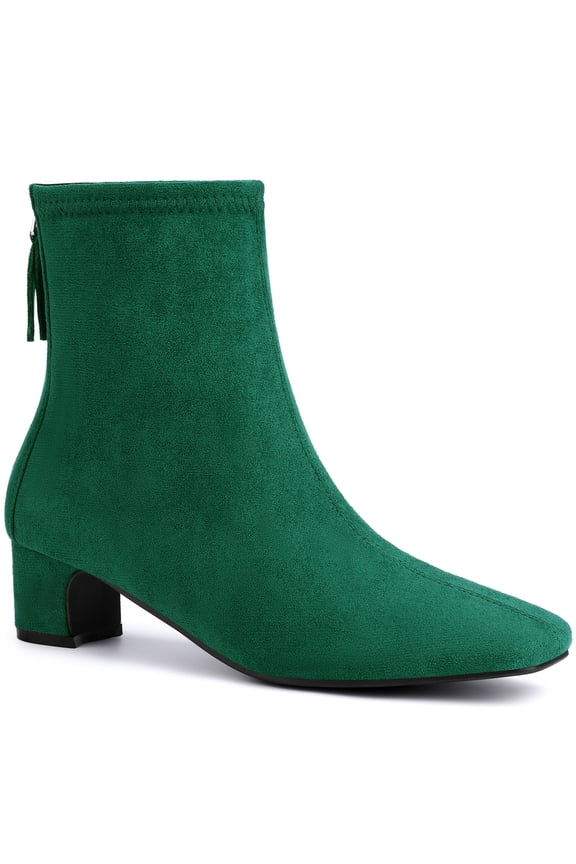 Women's Ankle Boots Faux Suede Low Chunky Heel Square Toe Back Zip Boots Green 8.5