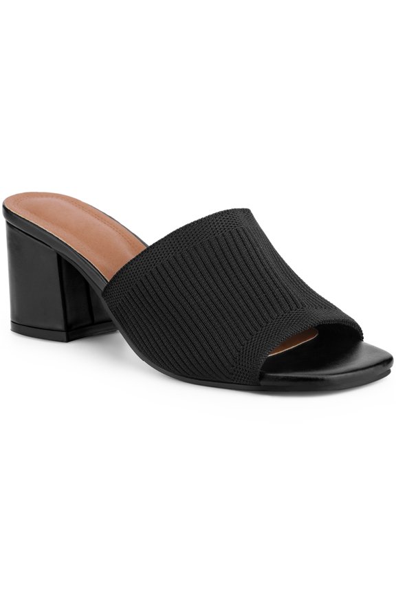 Women's Square Toe Block Heel Slip on Slides Sandals Black (Size 8.5)