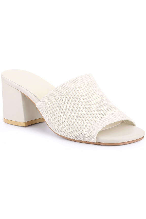 Women's Square Toe Block Heel Slip on Slides Sandals Cream (Size 7)