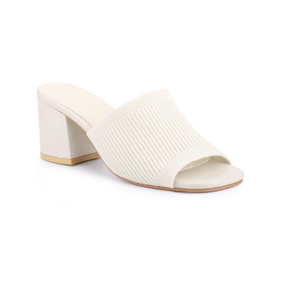 BLISSFUL STEP Women's Square Toe Block Heel Slip on Slides Sandals Cream 8